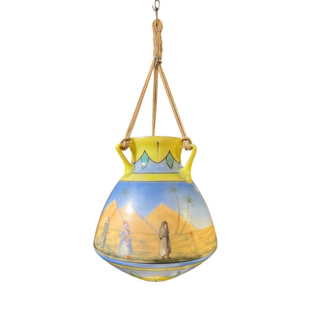 Glass mosque lamp with hand-painted scenes of various Egyptian figures on the Giza Plateau with the Great Pyramids in the...