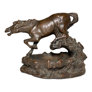 Large Rare Antique Running Horse Ashtray Armor Bronze Clad Statue Sculpture Dish