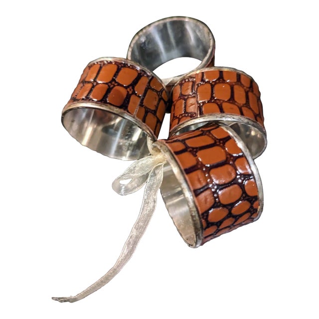 Transitional Crocodile Print and Chrome Napkin Rings- Set of 4 For Sale