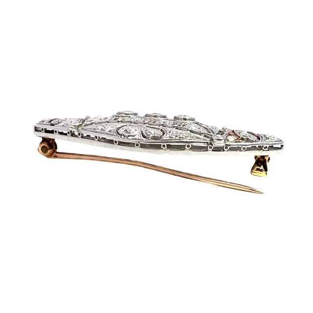 Antique Art Deco Platinum & 14k Yellow Gold Diamonds Studded Brooch For Sale In New York - Image 6 of 9
