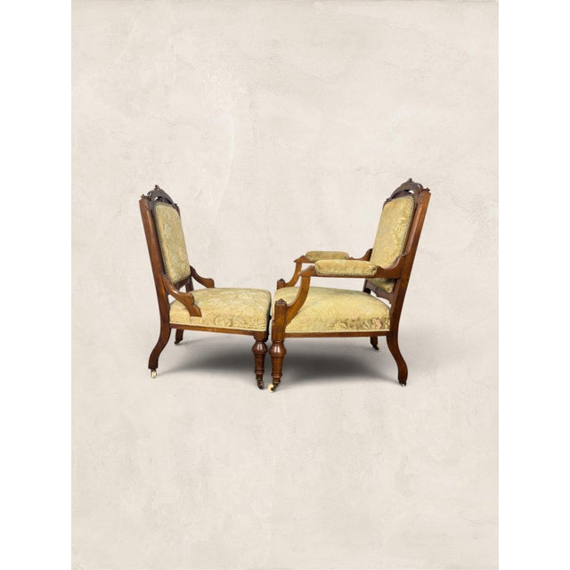 Late 19th Century Antique English Eastlake "His and Hers" Walnut Parlor Chairs For Sale In Tampa - Image 6 of 11