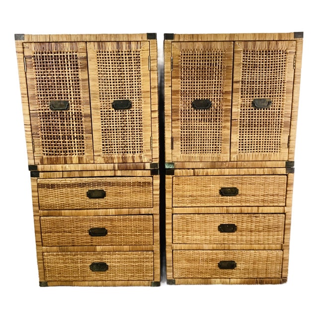 Vintage Pair of Woven Rattan Chest on Chest Dressers Boho Chic Campaign Style For Sale