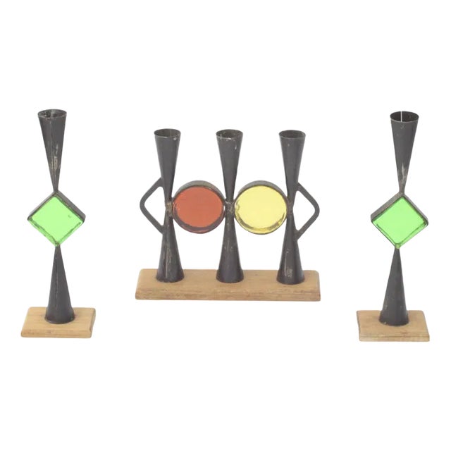 Swedish Candleholders in Colored Glass and Wrought Iron by Erik Hoglund & Pierre Forsell for Bo Svensk, 1950s, Set of 2 For Sale