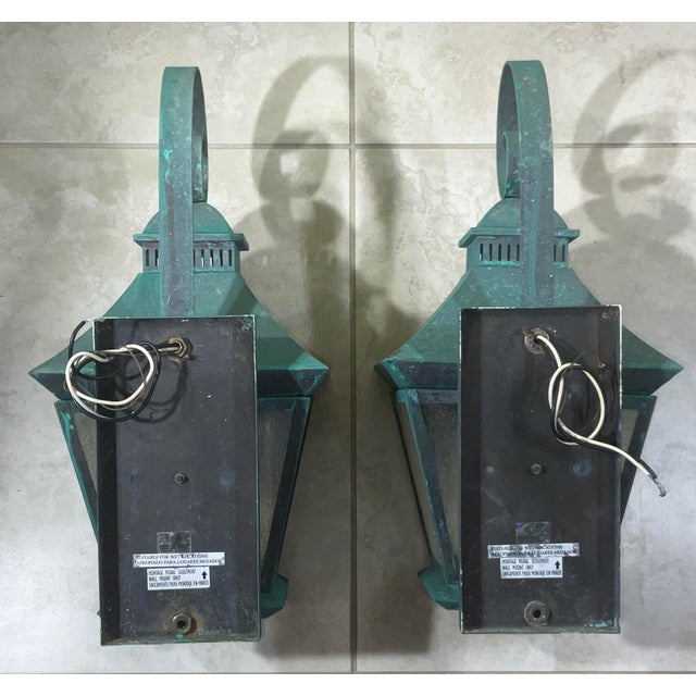 Pair of Vintage Solid Brass Outdoor Lanterns – Arts & Crafts Mission Style For Sale - Image 11 of 13