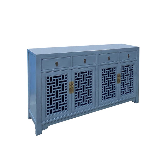 Asian Gray Shutter Doors Hardware Sideboard Credenza Console Cabinet For Sale In San Francisco - Image 6 of 8
