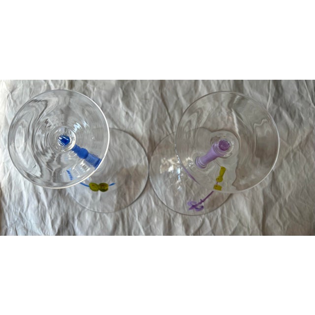 Glass Late 20th Century Hand Painted Martini Glasses with Olive & Fleur De Lis Design, Blue and Purple Stems - Set of 2 For Sale - Image 7 of 9