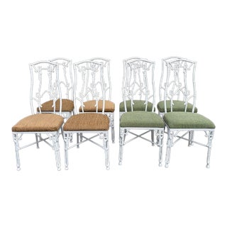 Restored Set Vintage Aesthetic Chinoiserie Faux Bamboo Cast Metal Dining Chairs 8 For Sale
