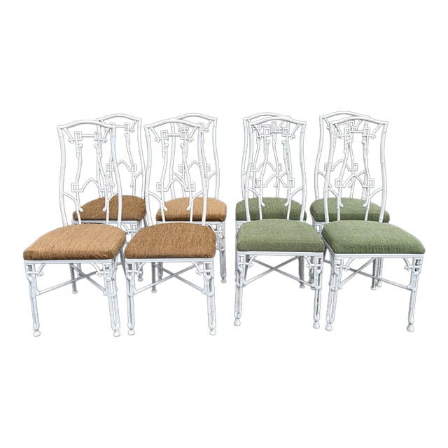 Restored Set Vintage Aesthetic Chinoiserie Faux Bamboo Cast Metal Dining Chairs 8 For Sale