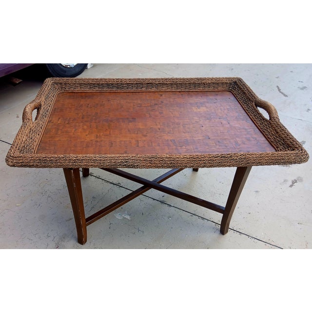 Vintage Seagrass and Koa Wood Large Tray Table Butler Table Coffee Table For Sale - Image 4 of 10