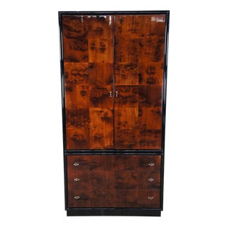 1980s Henredon Scene Three Art Deco Style Walnut Burl Black Lacquer Armoire Wardrobe For Sale