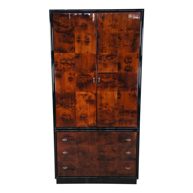 1980s Henredon Scene Three Art Deco Style Walnut Burl Black Lacquer Armoire Wardrobe For Sale
