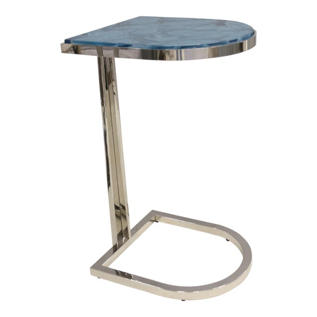 Artistica Signature Designs Placido Glass Aquamarine Polished Stainless Steel End Table For Sale