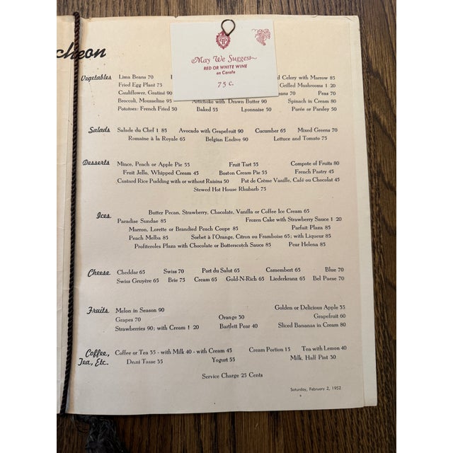 Paper Vintage Plaza Hotel Nyc Luncheon Menu, 1952 For Sale - Image 7 of 13