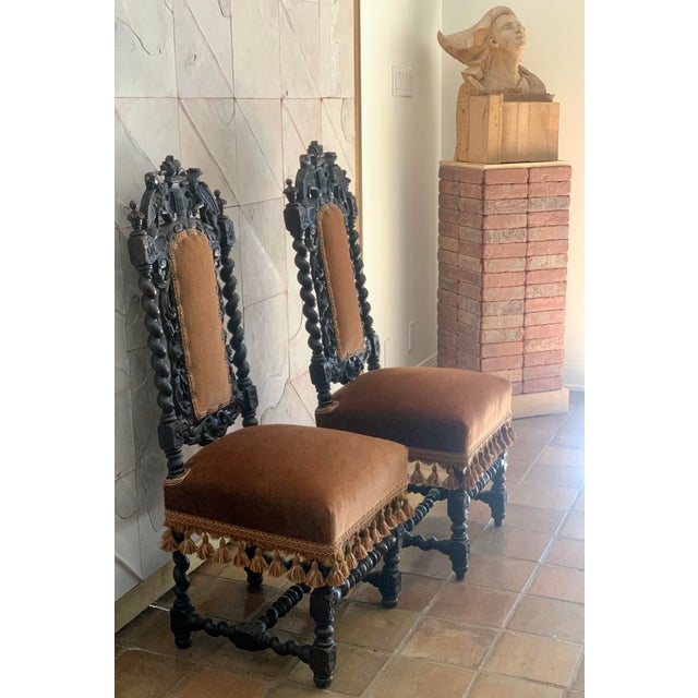 An Exquisite Pair of Late 19th Century Antique Ornately Carved Wood & Upholstery Jacobean Renaissance Revival Carved...