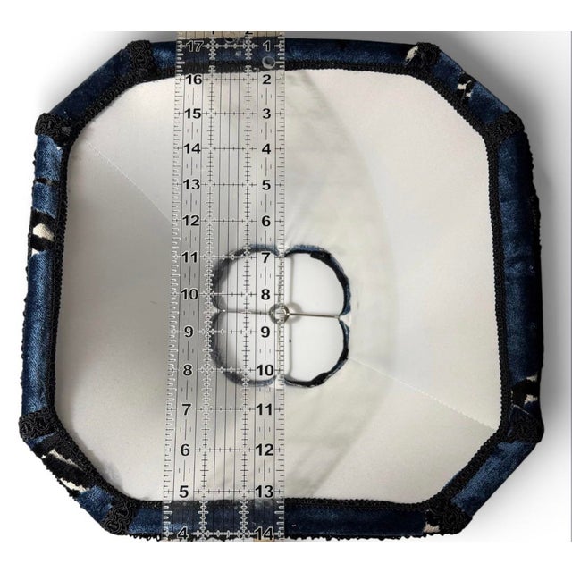 Designer Regal Sapphire Blue Velvet Zebra Lampshade With Rayon Fringe Trim For Sale - Image 4 of 5