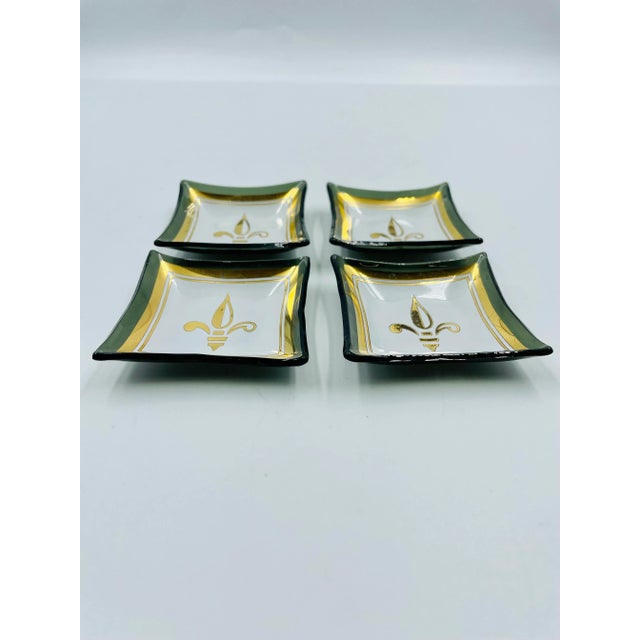 Mid 20th Century Vintage “Card Mates” Smoke Glass & Gold Leaf "Fleur De Lis" Petite Cocktail or Trinket Trays- Set of 4 For Sale - Image 5 of 9