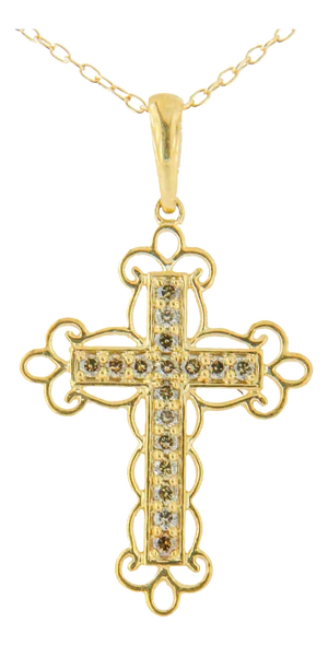 10K Yellow Flashed .925 Sterling Silver 1/4 Cttw Champagne Diamond Filigree Cross Pendant Necklace (K-L Color, I1-I2 Clarity) - 18"