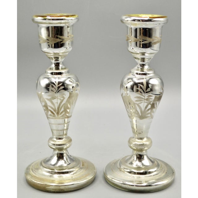 Traditional Antique Mercury Glass Candlesticks, a Pair For Sale - Image 3 of 9