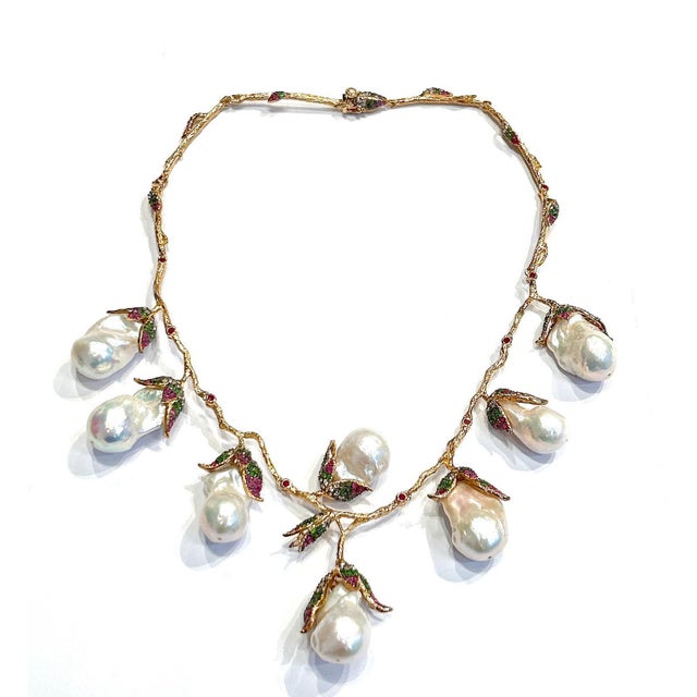 Bochic “Capri” Vintage Pearl, Ruby & Multi Gem Necklace Set in 18K & Silver For Sale - Image 11 of 13