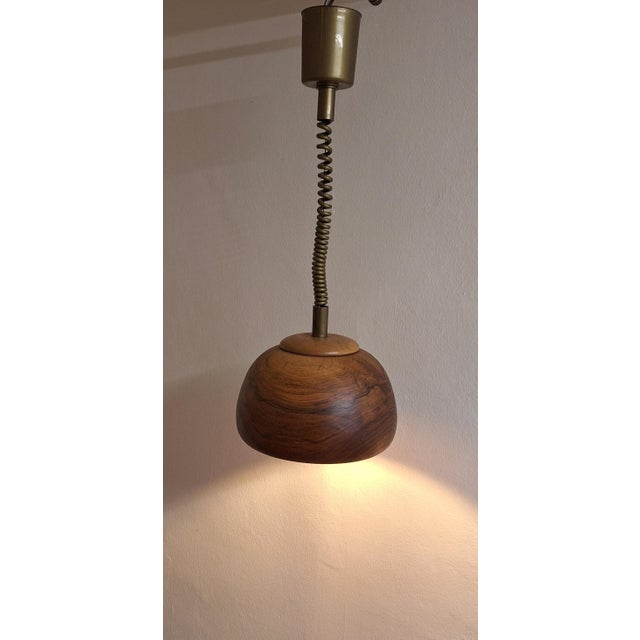 1970s Vintage Height-Adjustable Ceiling Lamp with Teak Shade on a Plastic Mount, 1970s For Sale - Image 5 of 7