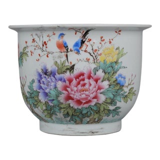 Late 20th Century Hand-Painted Famille Rose Porcelain Planter – 10.6" Peony & Bird Jardiniere With Calligraphy For Sale