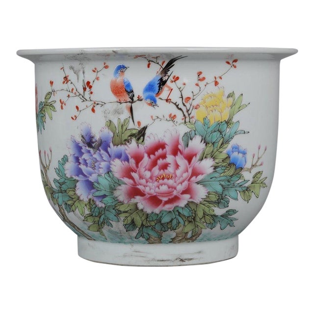 Late 20th Century Hand-Painted Famille Rose Porcelain Planter – 10.6" Peony & Bird Jardiniere With Calligraphy For Sale