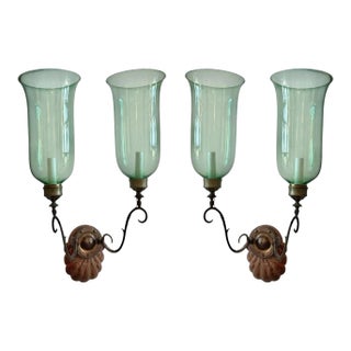 Pair of Green Glass Georgian Hurricane Sconces For Sale