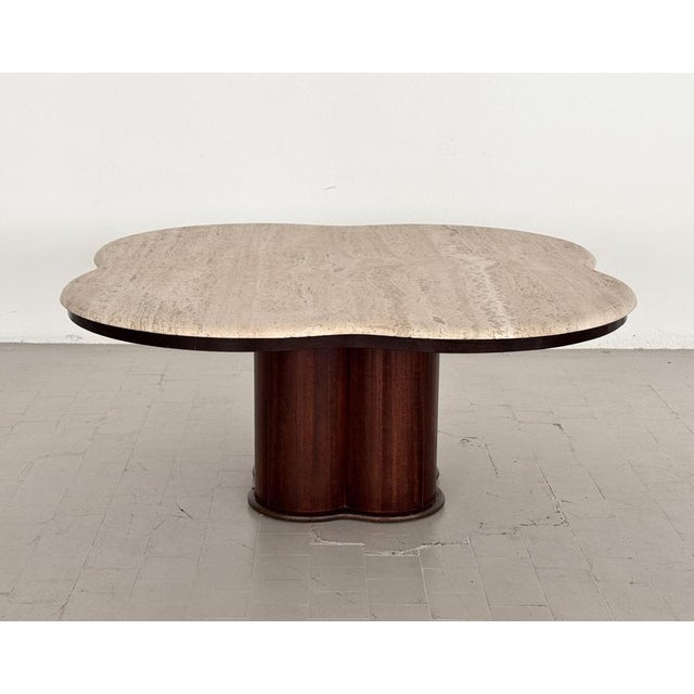 Large Mid-Century Modern Clover Coffee Table in Travertine and Dark Oak, 1970s For Sale - Image 4 of 18