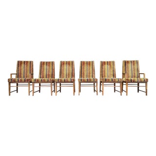 Set of 6 Walnut Founders Dining Chairs in Possible Jack Lenor Larsen Fabric For Sale