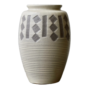 Vintage Mission-Style White Glazed Pottery Vessel With Rectangle and Block Motifs, Circa 1930s