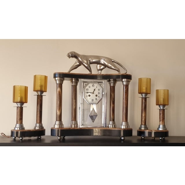 Art Deco Cubist Clock with Bronze Panther and Lamps from Decoux, 1930s, Set of 3 For Sale - Image 11 of 11