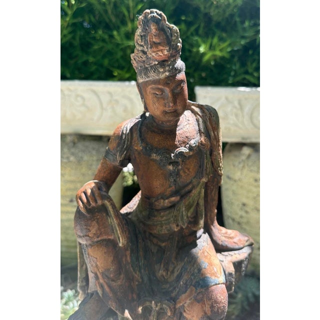 Asian Carved and Painted Wooden Seated Figure of Guanyin — Qing Dynasty, 19th Century For Sale - Image 3 of 12