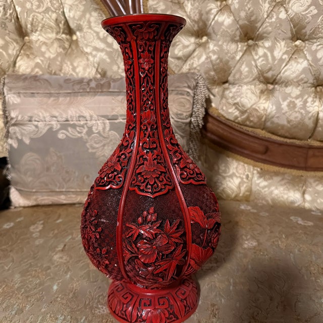Metal Early 20th Century 12” Chinese Red Carved Lacquer-Style Vase – Floral & Pomegranate Design For Sale - Image 7 of 11