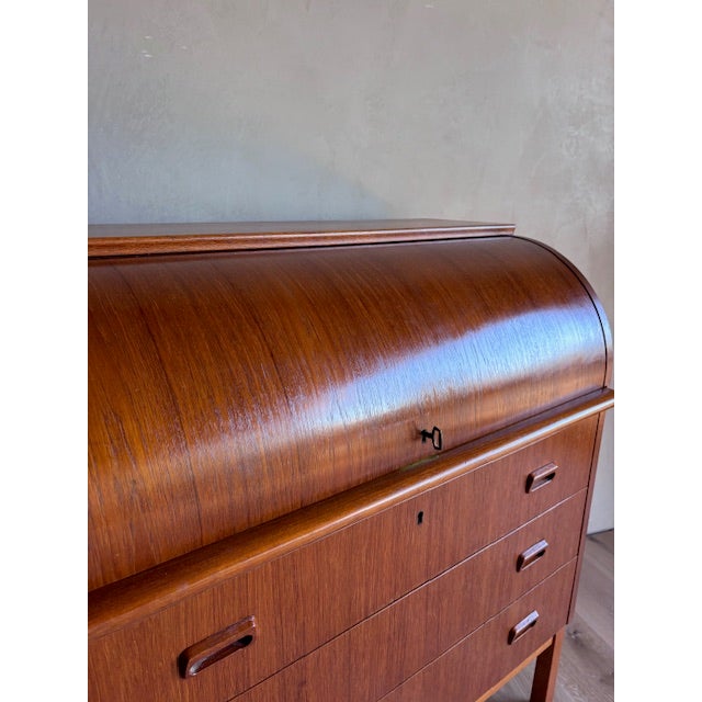 Brown Mid-Century Teak Rolltop Secretary Desk Signed Egon Ostergaard With Label Made in Sweden For Sale - Image 8 of 17