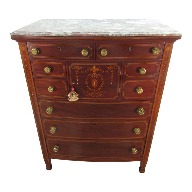 1930's Mahogany Inlay Marble Top Chest of Drawers For Sale