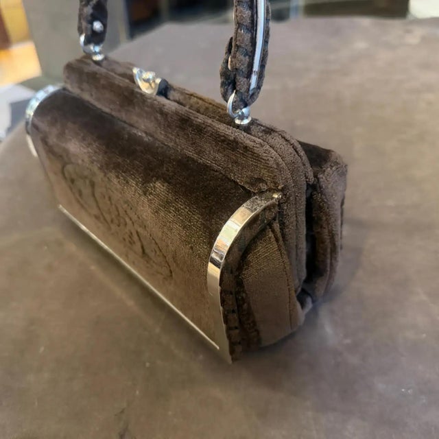 1970s High Quality Brown Cut Velvet and Silver Plated Metal Italian Evening Bag For Sale - Image 11 of 13