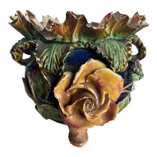 Antique Barbotine Majolica Rose Cachepot For Sale