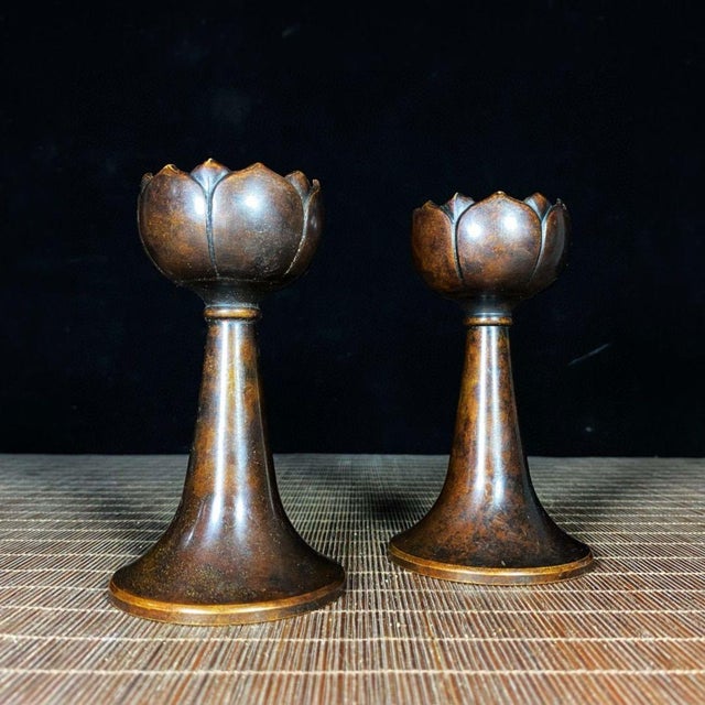 Pair of Vintage Brass Lotus Candlesticks - Asian Altar Candle Holders For Sale - Image 4 of 9