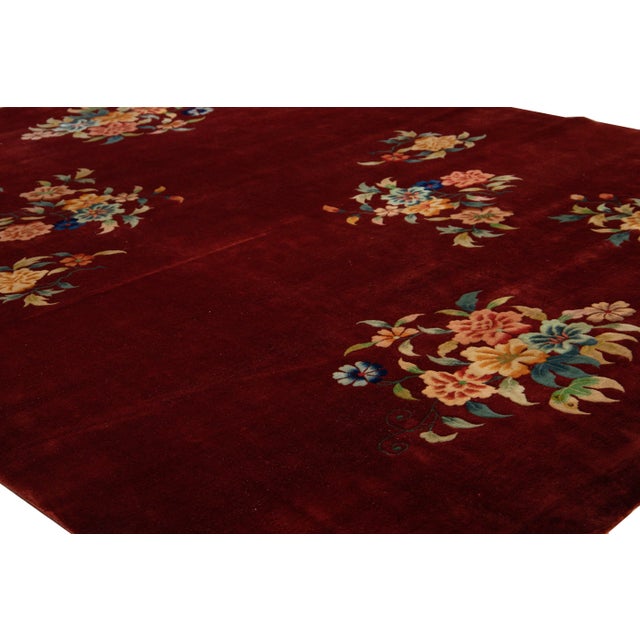 Textile Antique Art Deco Chinese Handmade Red Wool Rug For Sale - Image 7 of 10
