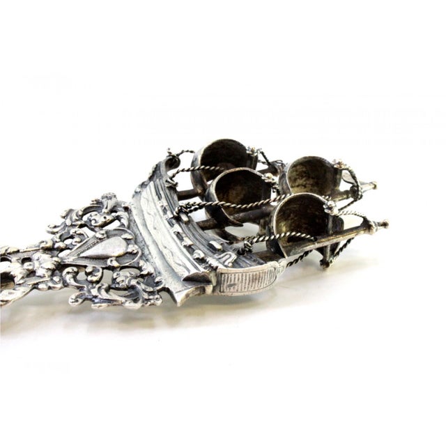 Metal Decorative Silver Fork with Reliefs, Cut-Outs, Caravel and Angels Monogram Card For Sale - Image 7 of 10