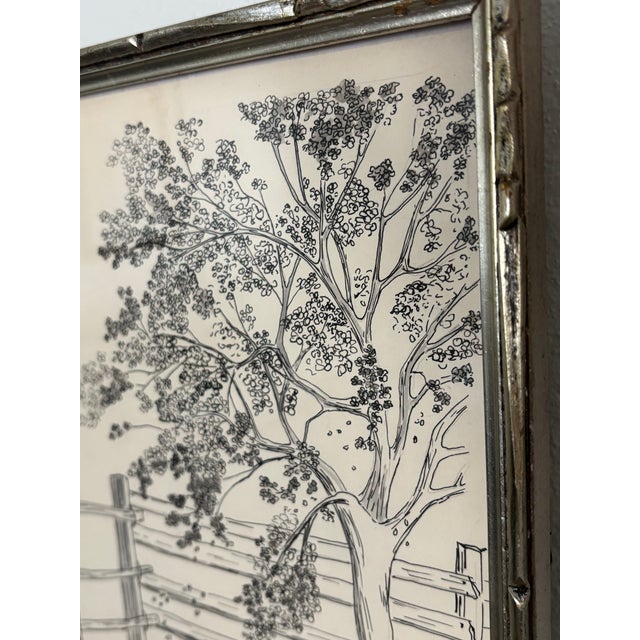 Silver 1940s Original Ink Drawing of Tree and Fence in Silverleaf Frame For Sale - Image 8 of 14