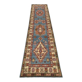 Kazak Runner 2’10” X 11’1” Blue Wool Tribal Hand-Knotted Oriental Rug For Sale