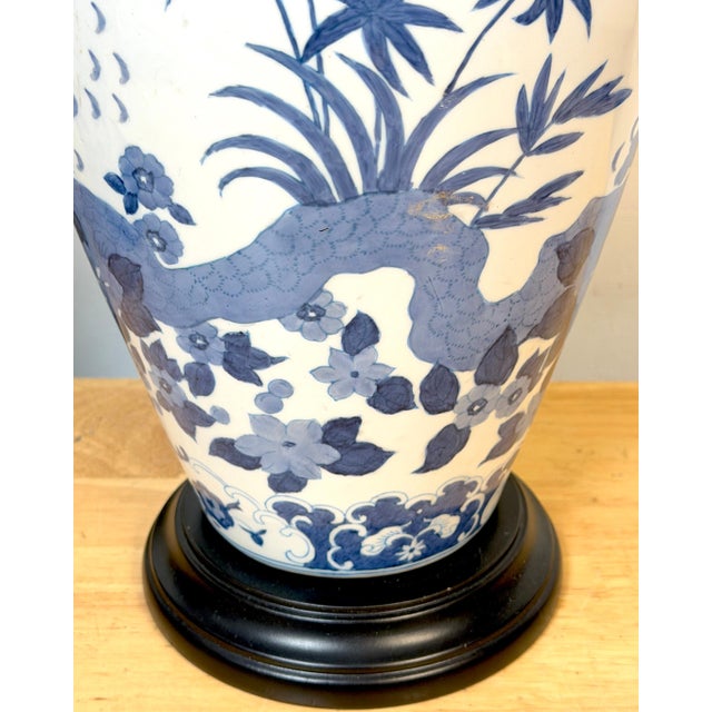 Pair Chinese Canton Style Blue and White Palm Tree Porcelain Vases, Now as Lamps For Sale - Image 9 of 10