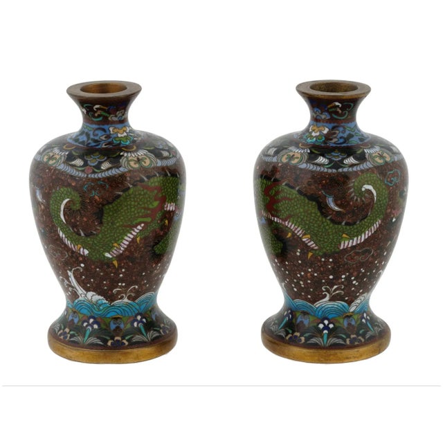 Antique Pair of Meiji Japanese Cloisonne Enamel Goldstone Dragon Vases For Sale - Image 4 of 8