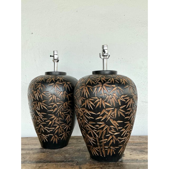 Mid-Century Modern Vintage Glazed Ceramic Bamboo Shoots Lamps - A Pair For Sale - Image 3 of 12