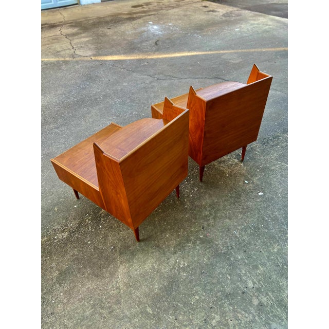 Mid Century Modern Pair of Two-Tier Nightstands With Double Drawers | Kipp Stewart for Drexel For Sale - Image 12 of 12