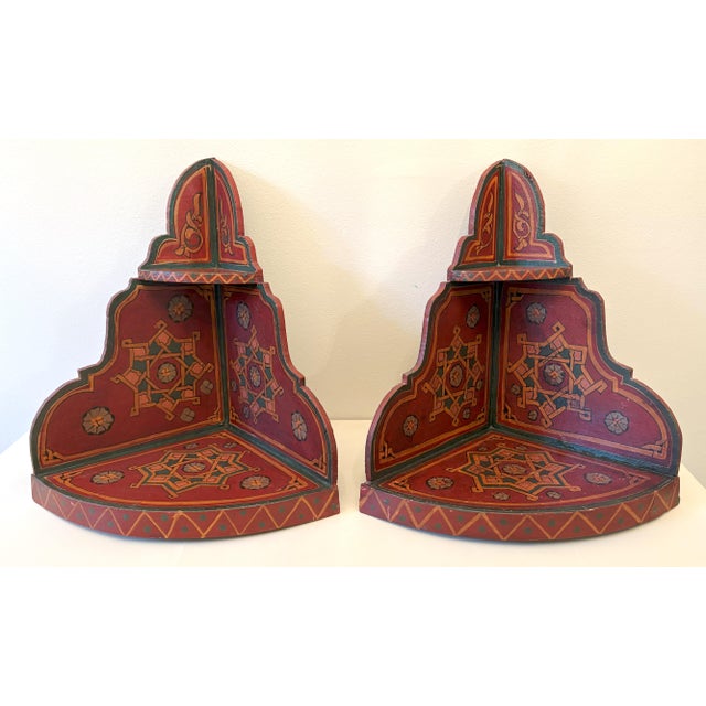 Vintage Painted Wood Moroccan Corner Wall Shelves- a Pair For Sale - Image 4 of 12