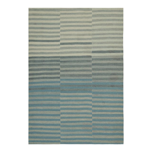 Rug & Kilim’s Contemporary Kilim With Blue and Gray Textural Stripes For Sale