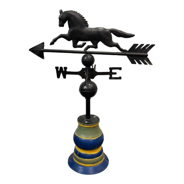 Vintage Full-Bodied Running Horse Weathervane on Painted Wood Display Base For Sale