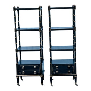 Vintage Neo Classical Faux Bamboo Etagere Shelving With Drawers a Pair For Sale